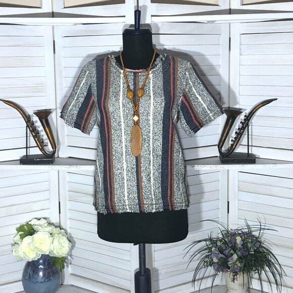 Ann Taylor Boho Blouse Cotton Short Sleeve Striped Gray Blue Cream Small - Picture 1 of 8